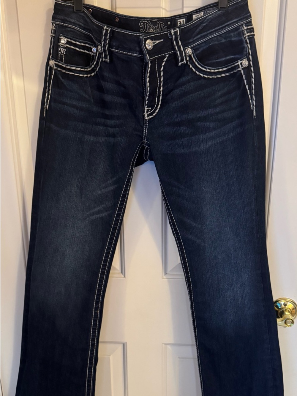Miss Me Women's Dark Blue Boot Cut Jeans with White Contrast Stitching